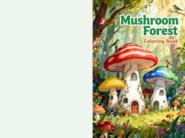 Coloring book cover, mushroom house forest scene — free printable coloring page