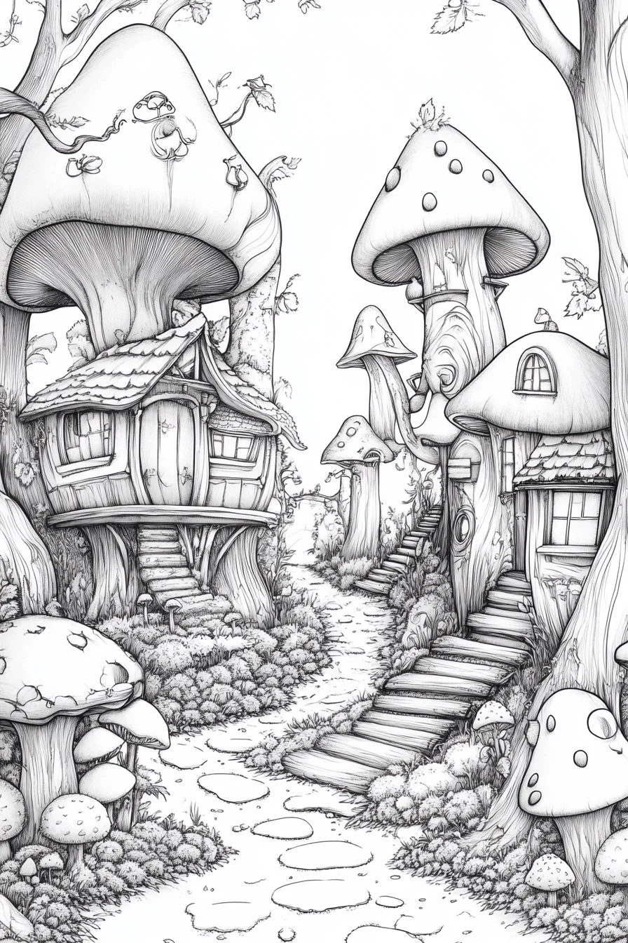 Coloring book page, fairy tale mushroom house village in a lush forest — highly detailed — line art coloring page — for kids and adults of all ages