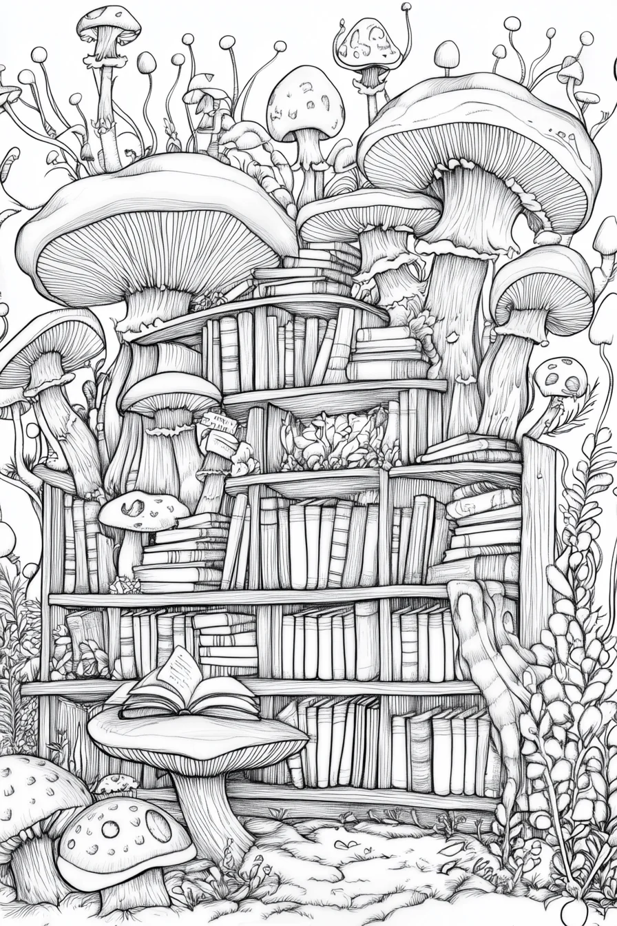 Mushroom-shaped bookshelf filled with books, fantasy style — moderate detail — line art coloring page — for kids and adults of all ages