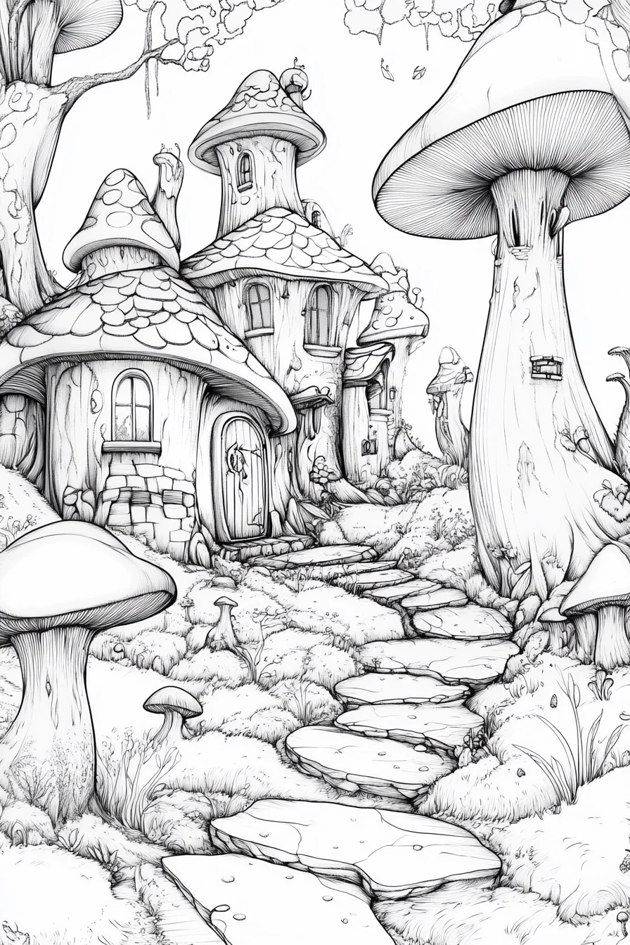 Fairy tale mushroom cottages in a magical forest, whimsical fantasy style — moderate detail — line art coloring page — for kids and adults of all ages