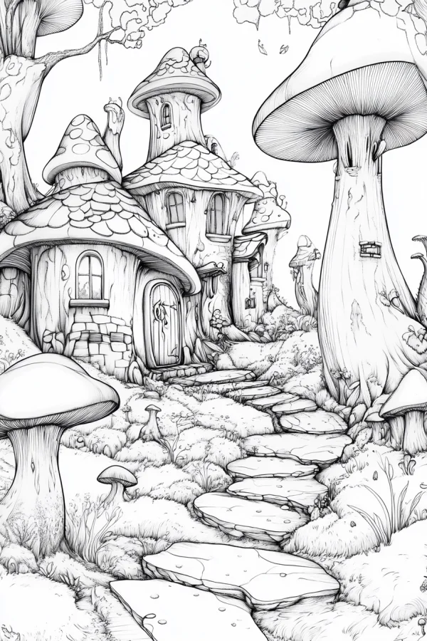 Fairy tale mushroom cottages in a magical forest, whimsical fantasy style — free printable fantasy coloring book page