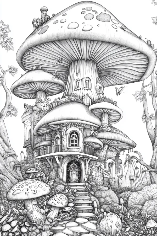 Fantasy mushroom house in a magical forest, fairy tale and fantasy style — free printable fantasy coloring book page