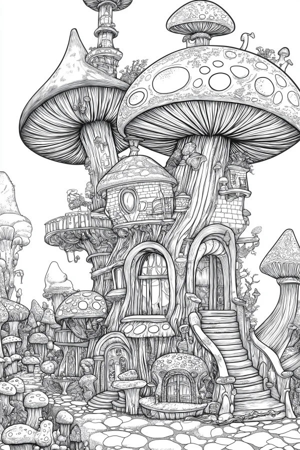 Fantasy mushroom house complex, fairy tale style — free printable fantasy coloring book page