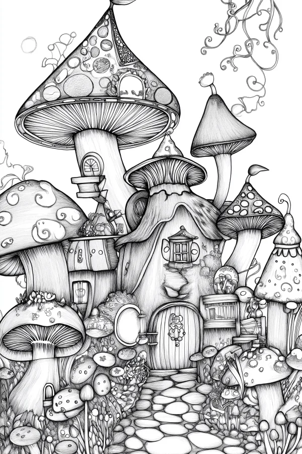 Whimsical fairy tale mushroom cottage cluster, intricate  with cobblestone path — free printable fantasy coloring book page