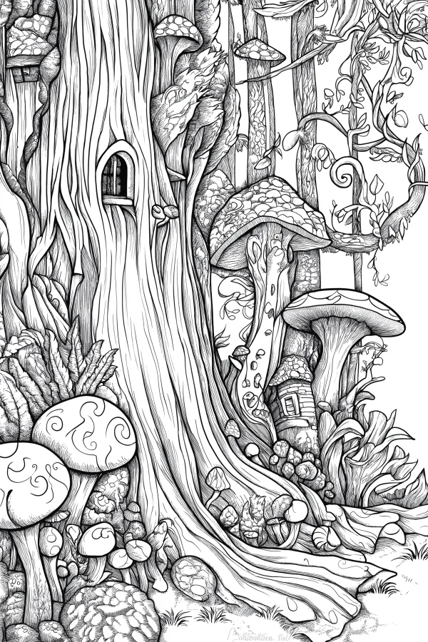 Forest treehouse with arched small window and giant mushrooms, fairy tale fantasy illustration style — free printable fantasy coloring book page