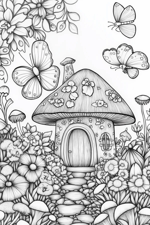 Fairy tale mushroom cottage, cartoon fairy tale style — free printable animals coloring book page