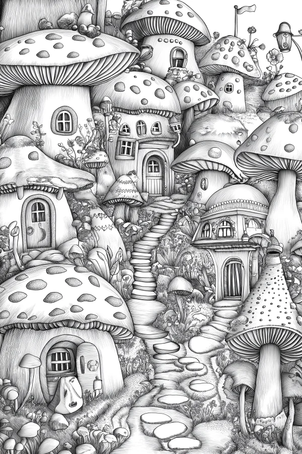 Whimsical mushroom house village, fairy tale style — free printable imagination coloring book page